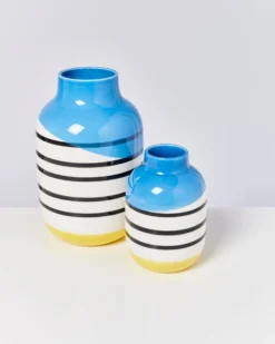 Nuno vase L - black & white striped with blue