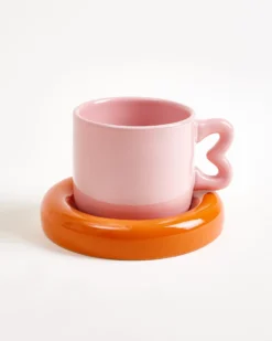 Seia mug with heart & saucer pink orange